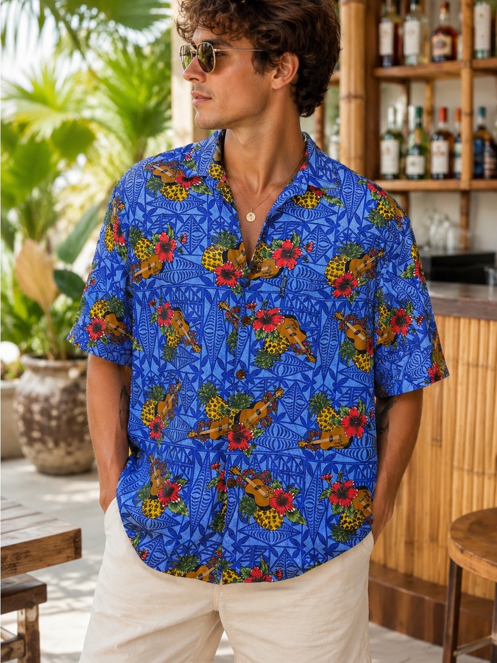 Mango Moon Hawaiian Rayon Shirt XL Tropical Ukulele Pineapple Aloha